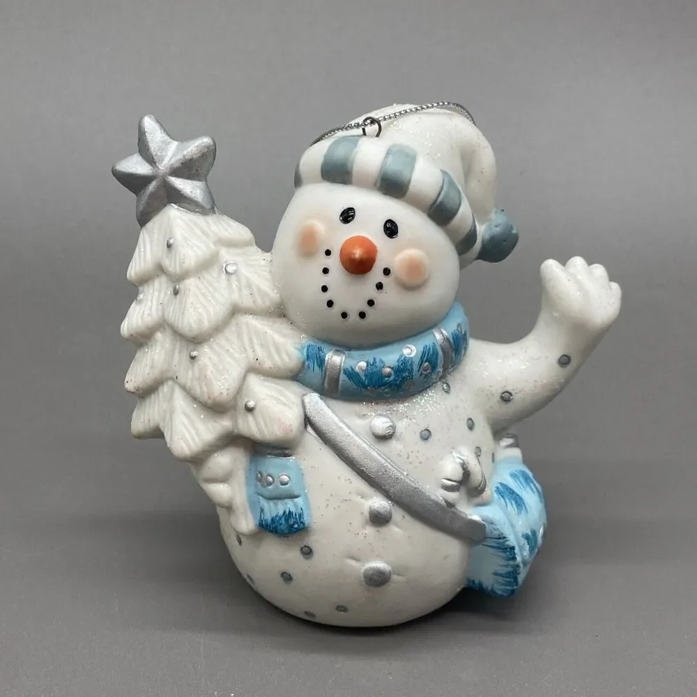 Snowman Christmas Ornament Holding Tree Blue White Glitter Ceramic 3.5